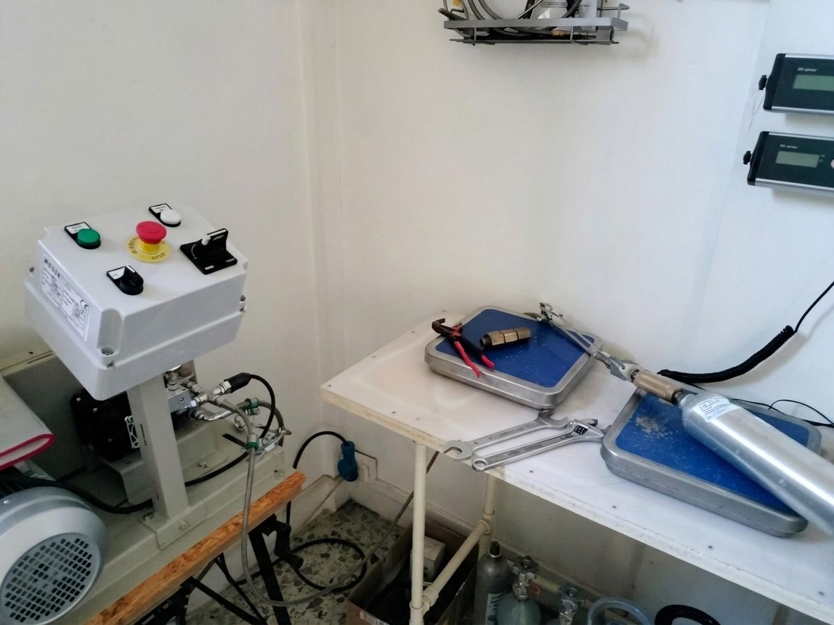 Bombola in alluminio sulla bilancia elettronica durante il controllo del peso