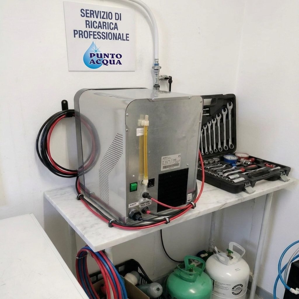 La stazione di ricarica CO₂ di Punto Acqua, con il cartello Servizio di ricarica professionale